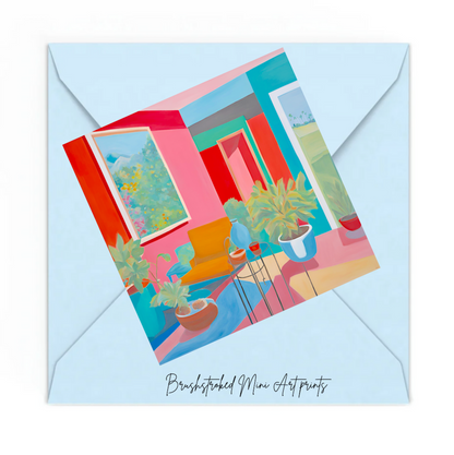 hockney style colourful abstract roomscape mini rt print on top of a blue envelope