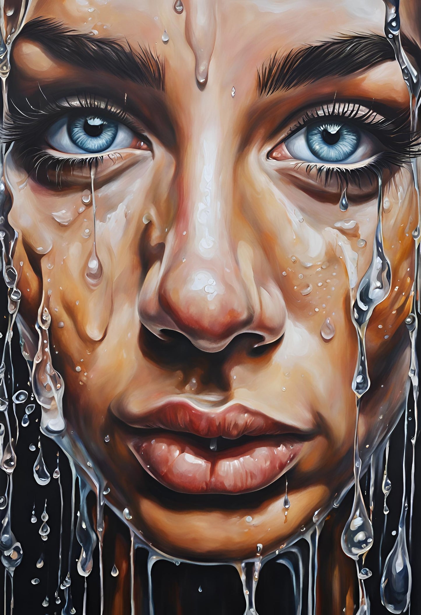 Hyperrealistic Painting - Woman's Face With Blue Eyes And Water Drops.Original Giclée Art Print.