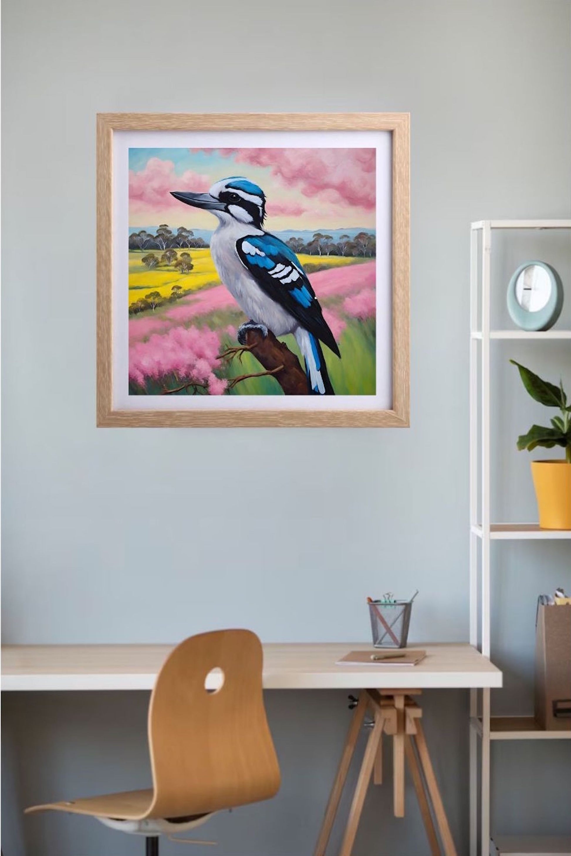 mini art print of a blue, black and white kookaburra bird sitting on a branch
