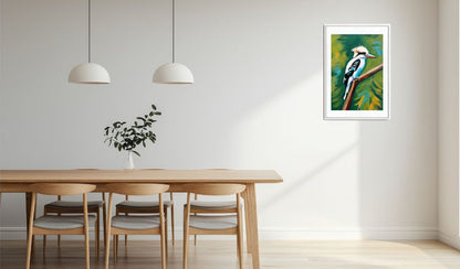 Dining room with a wooden table, chairs, and a painting of a kookaburra on the wall.