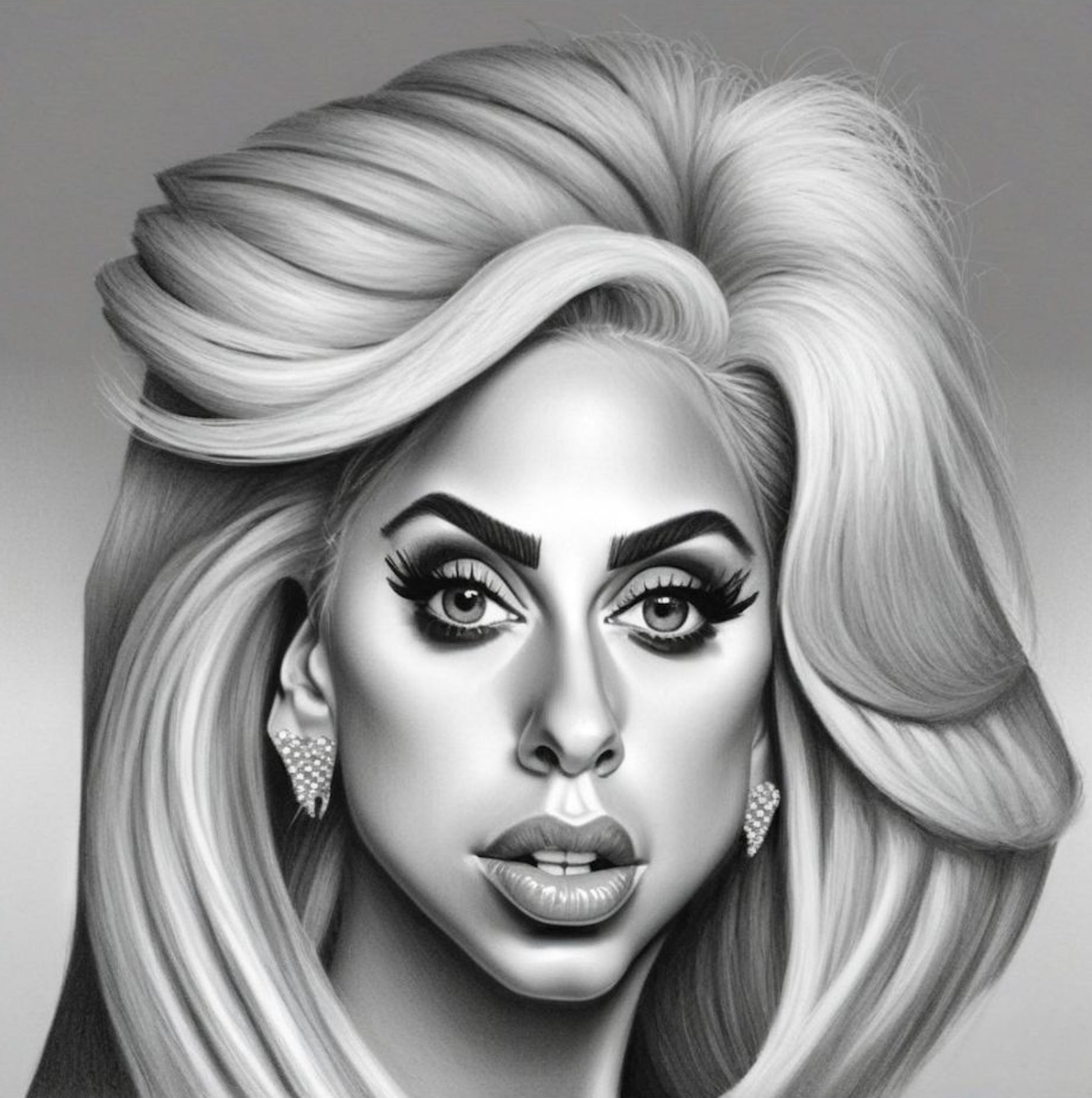 black and white carricature of lady gaga portrait art print.
