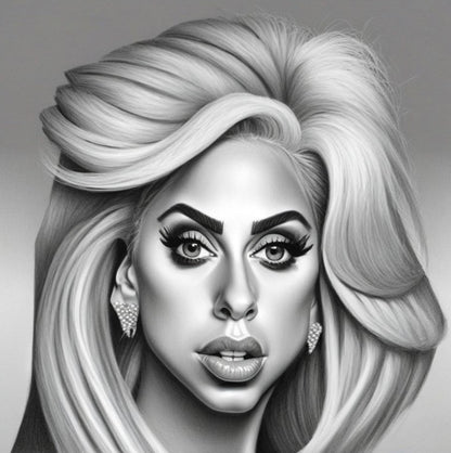 black and white carricature of lady gaga portrait art print.