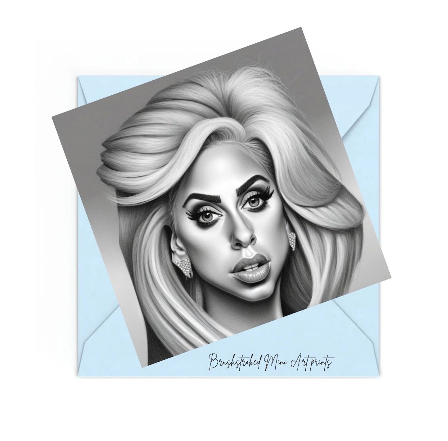 lady gaga black and white caricature mini art prnt on blue envelope