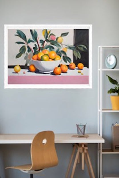 lemons_and_oranges_in_white_bowl art print hanging on wall