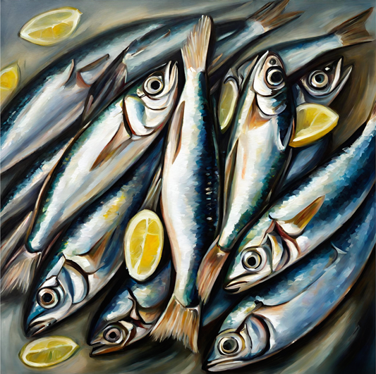 Art print of of sardine fish with lemon slices on a dark background