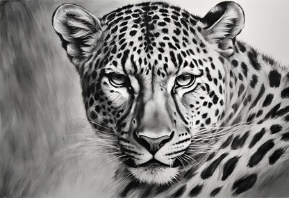 Black and white drawing of a leopard, showcasing its distinctive spots and graceful posture.