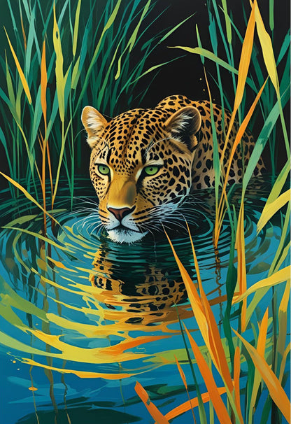 Leopard emerging from water surrounded by tall grasses art print
