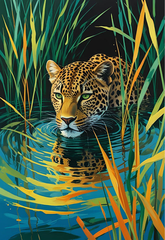 Leopard emerging from water surrounded by tall grasses art print