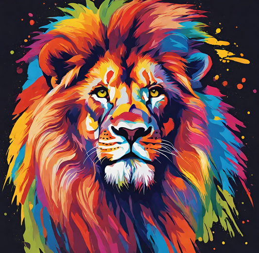 Colorful lion art print on a black background