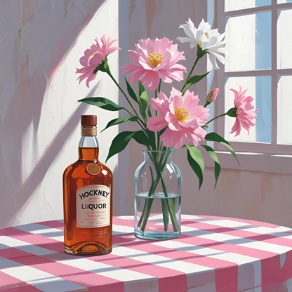 liquor bottle and a glass vase with pink and white flowers on table near window giclée art print