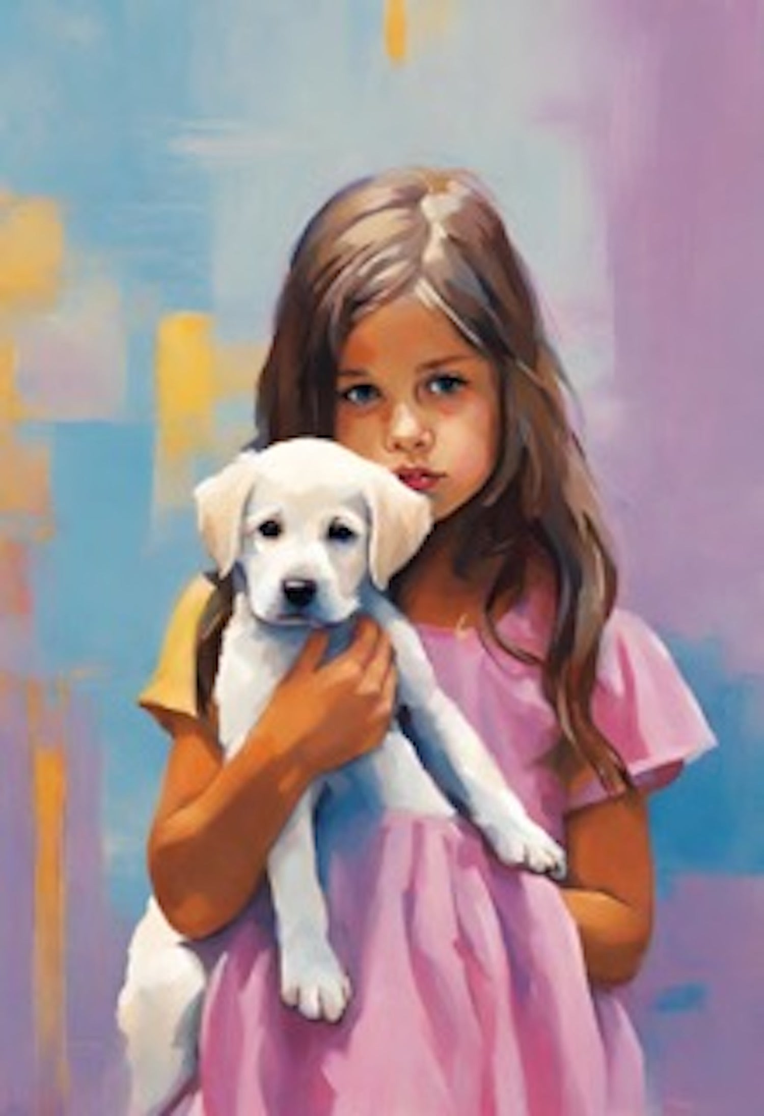 little_girl_in Pink dress with_a_ white puppy_art_print