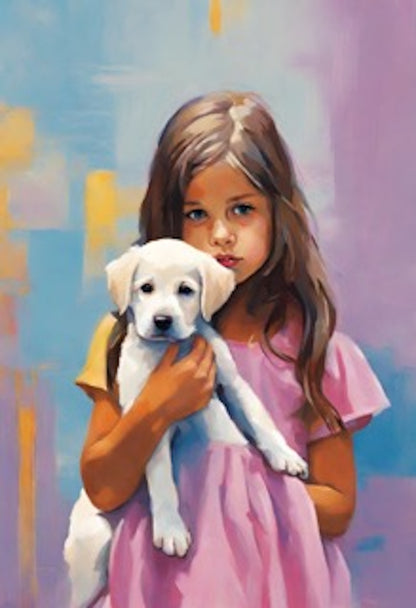 little_girl_in Pink dress with_a_ white puppy_art_print