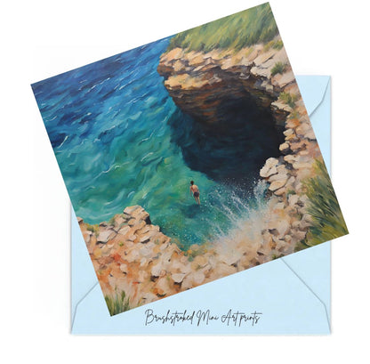 man swimming in water hole colourful mini art print
