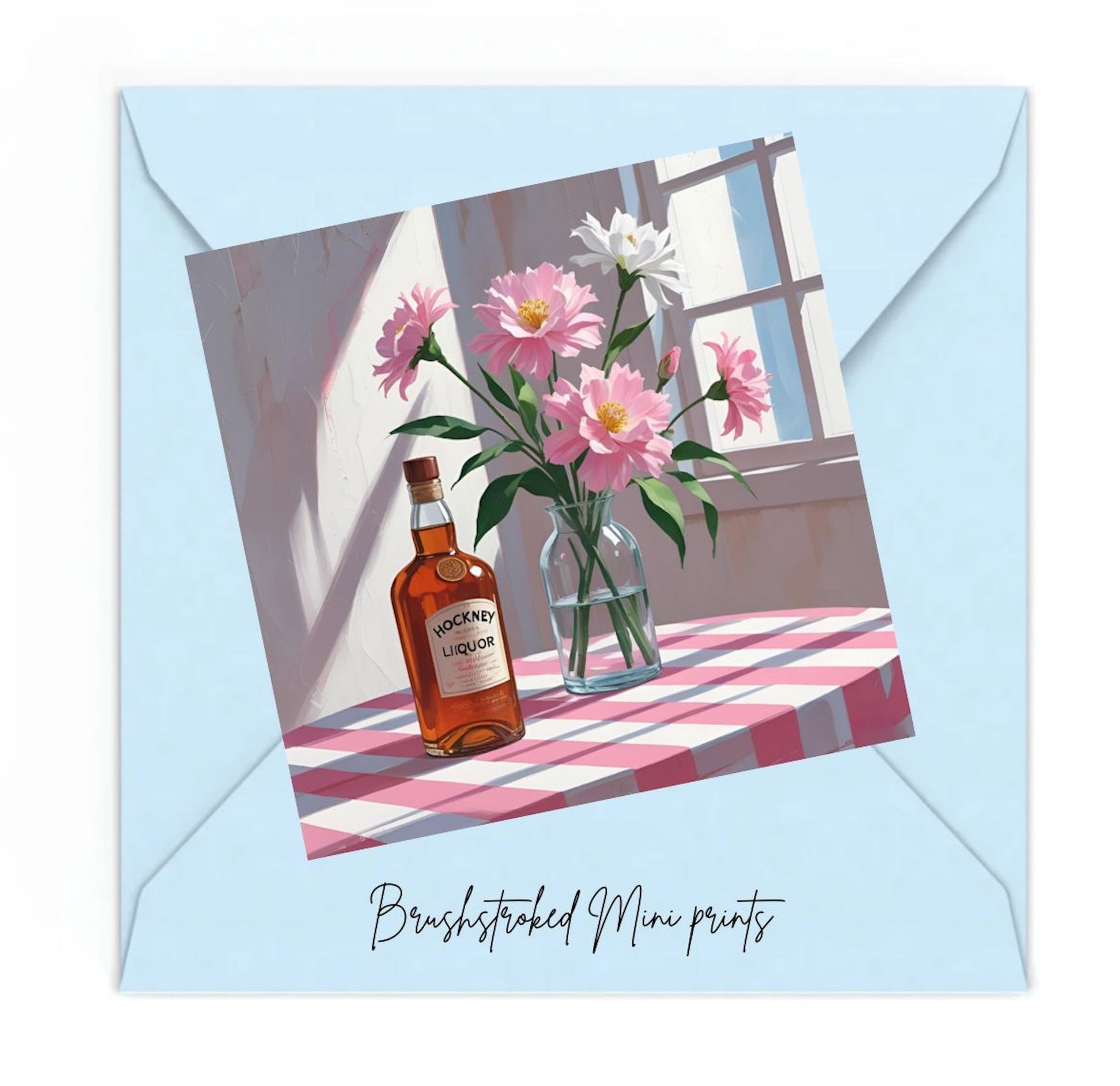 Liquor bottle and glass vase with pink and white flowers on table with pink and white check cloth near window mini art print