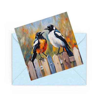 mini art print of two colourful birds on fence, on top of a Blue envelope