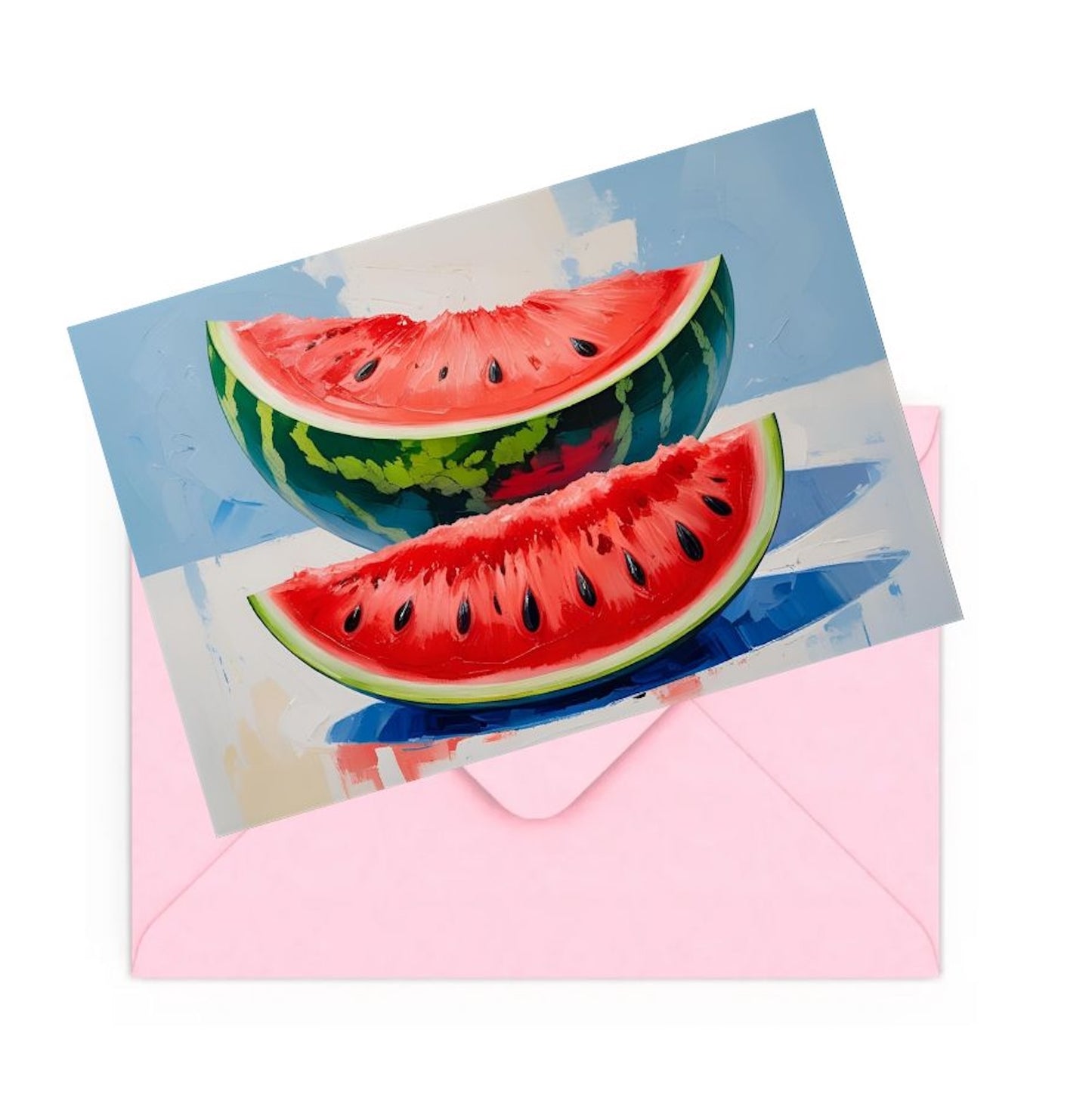 Mini art print of sliced watermelon on table colourful art, on top of a Pink envelope