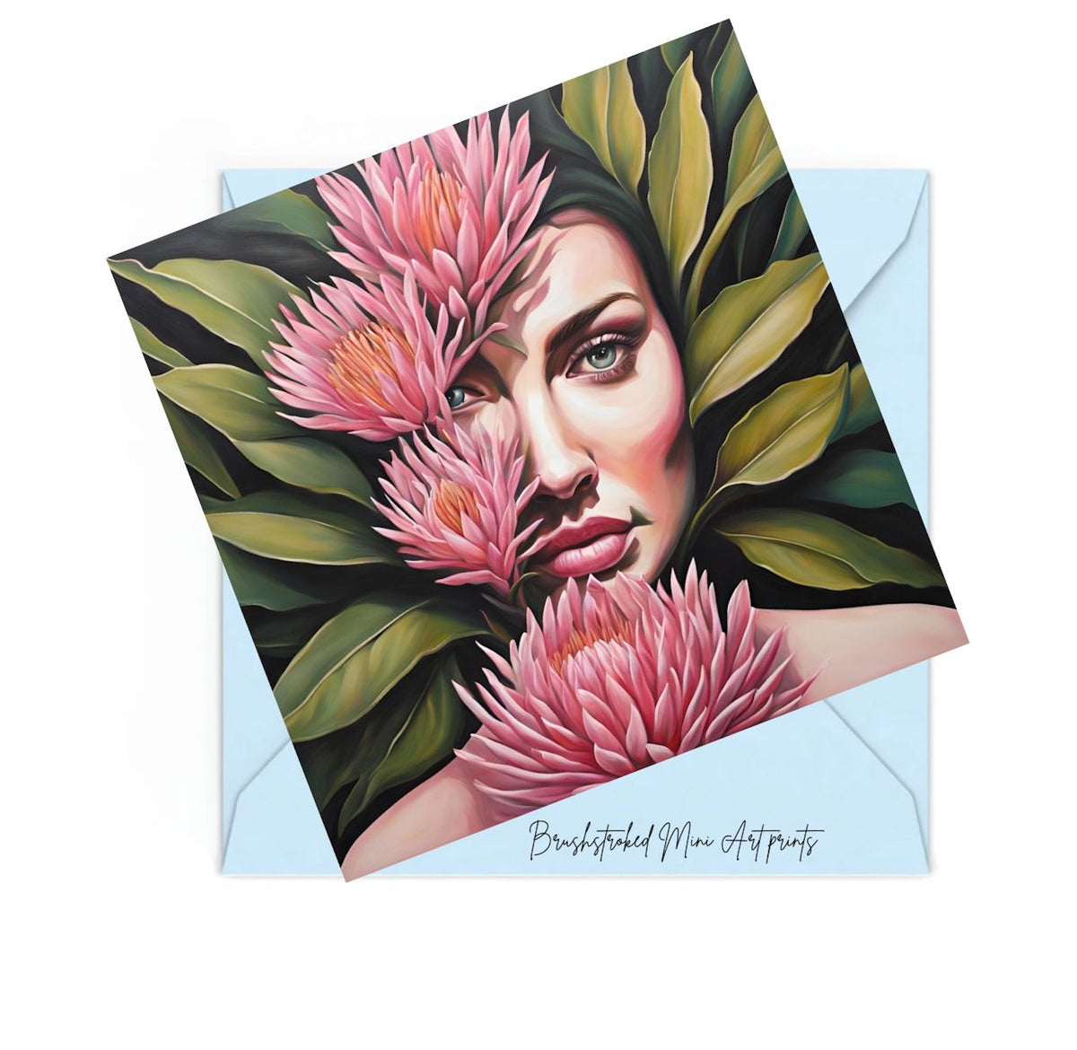 mini art print of a blue eyed woman's portrait with Pink flowers and green leaves