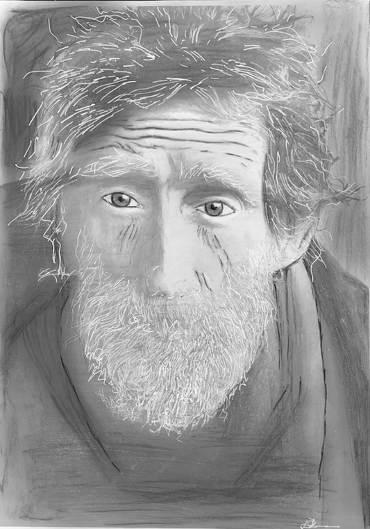 Old Man Portrait Black And White- Charcoal And Ink Drawing.