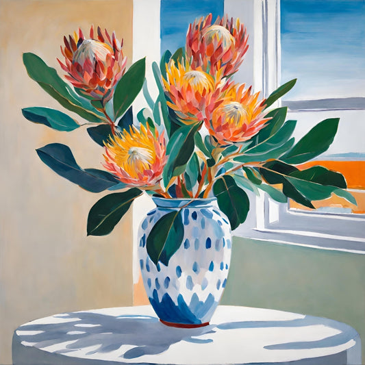 orange and pink proteas in blue and white vase sitting on white table near window art print