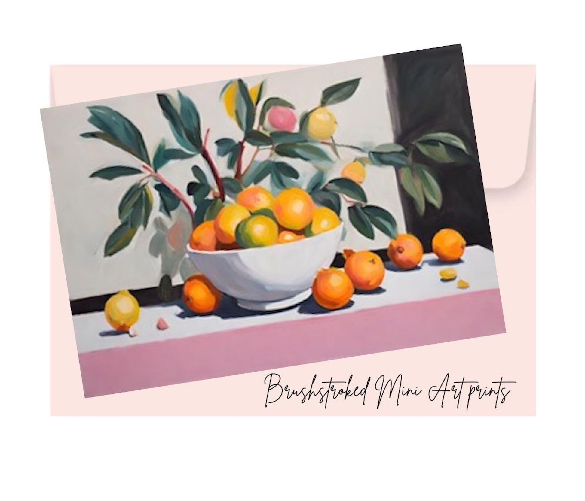 Oranges and lemons in white vase on table mini art print.