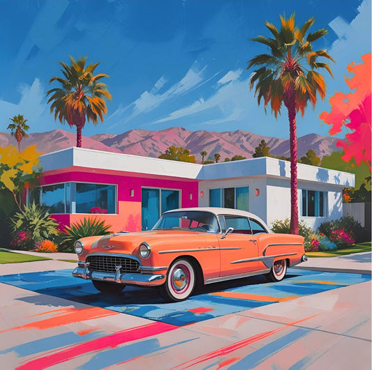 Vintage car parked in front of a colorful house with palm trees and mountains in the background