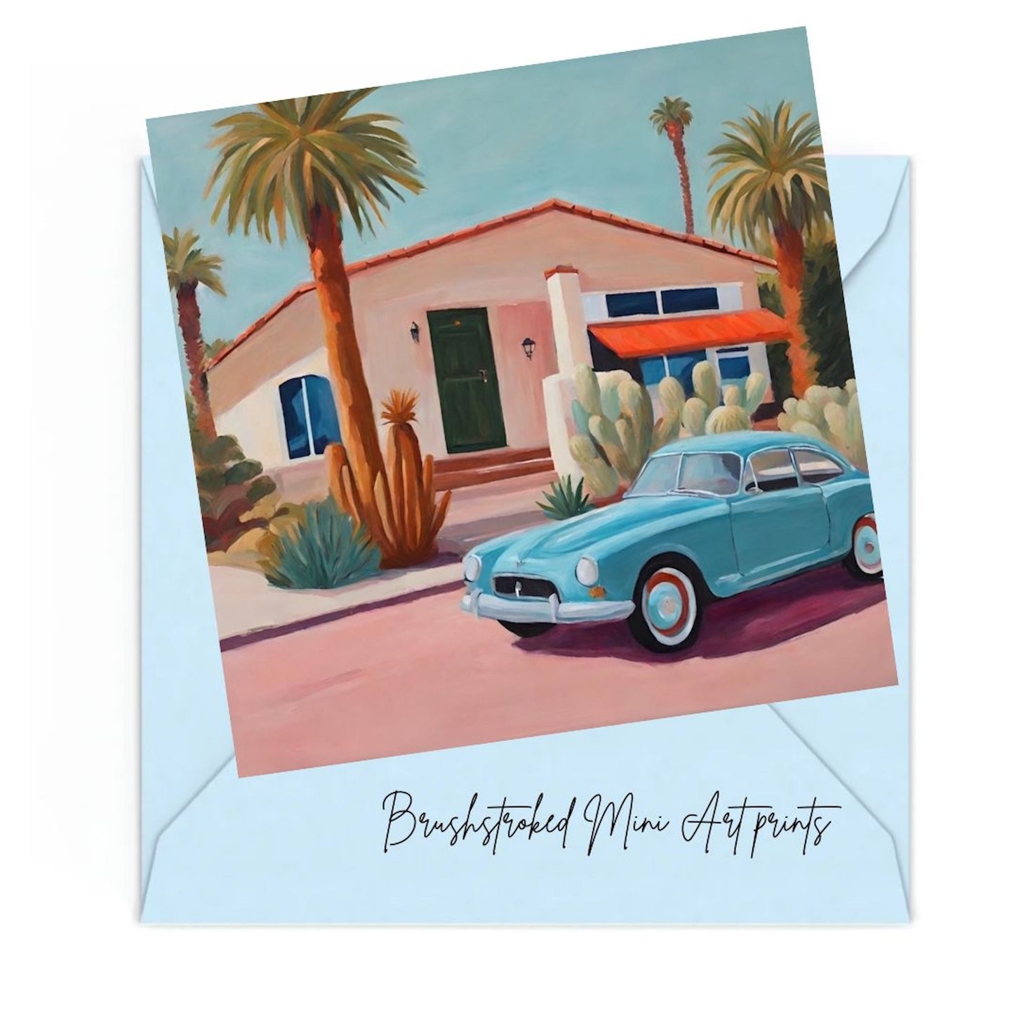palm springs pink house with palm trees and blue vintage car mini art print.
