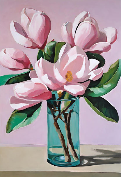 light pink magnolia flowers and green leaves in blue glass vase on table with a pink background wall art print