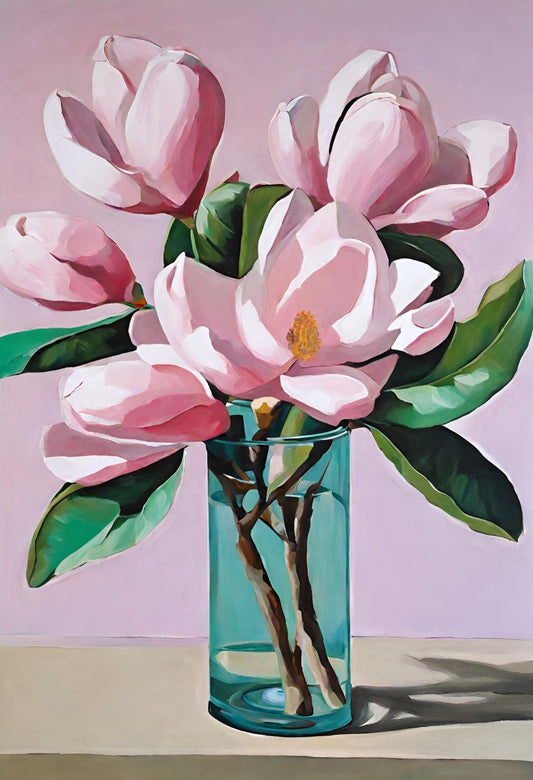 Pink Magnolia Flowers In Blue Glass Vase. Original Floral Still Life Art Giclée Print.