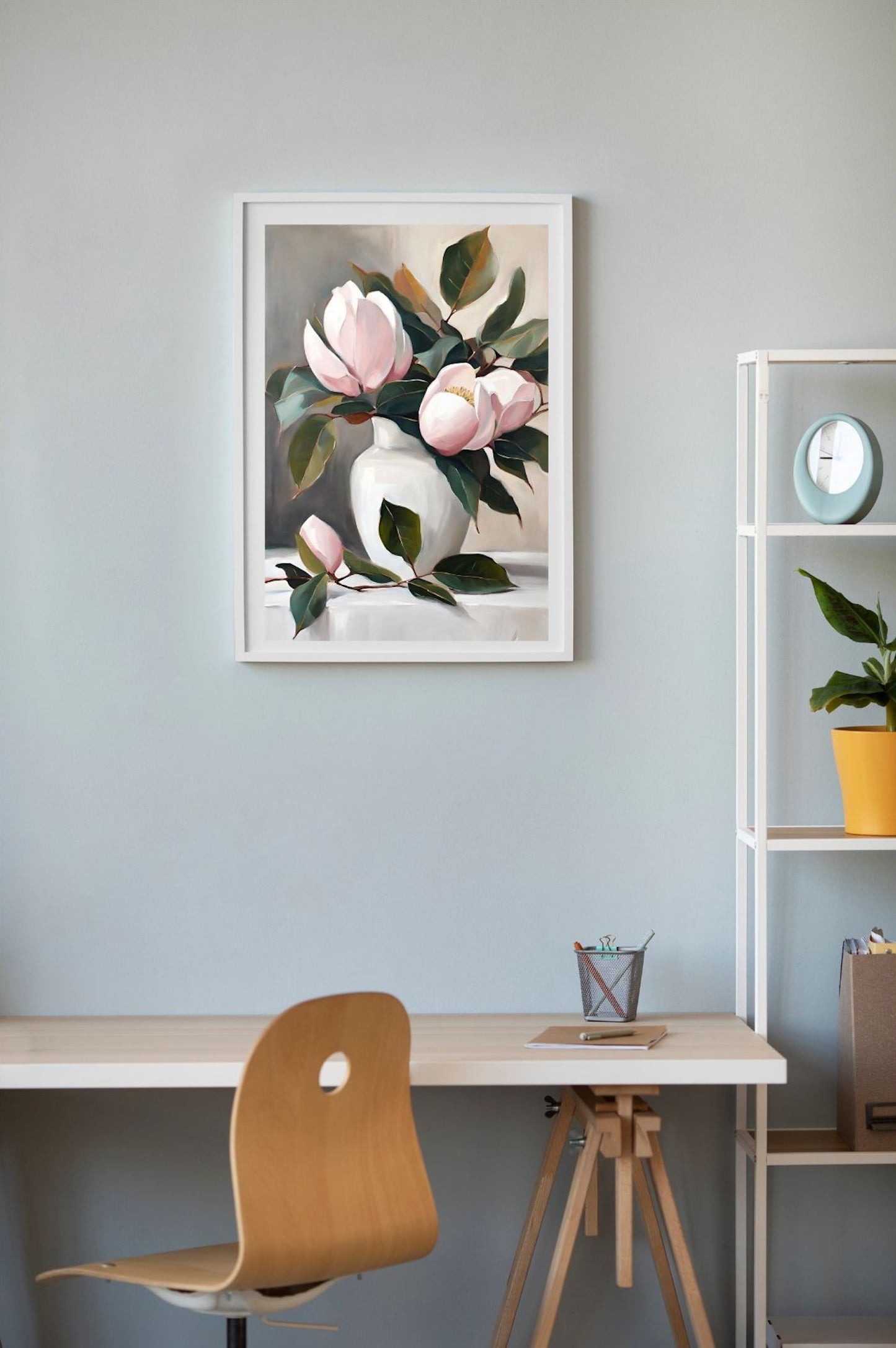 Pink Magnolia Flowers In White Vase- Original -Floral- Giclée Art Print.