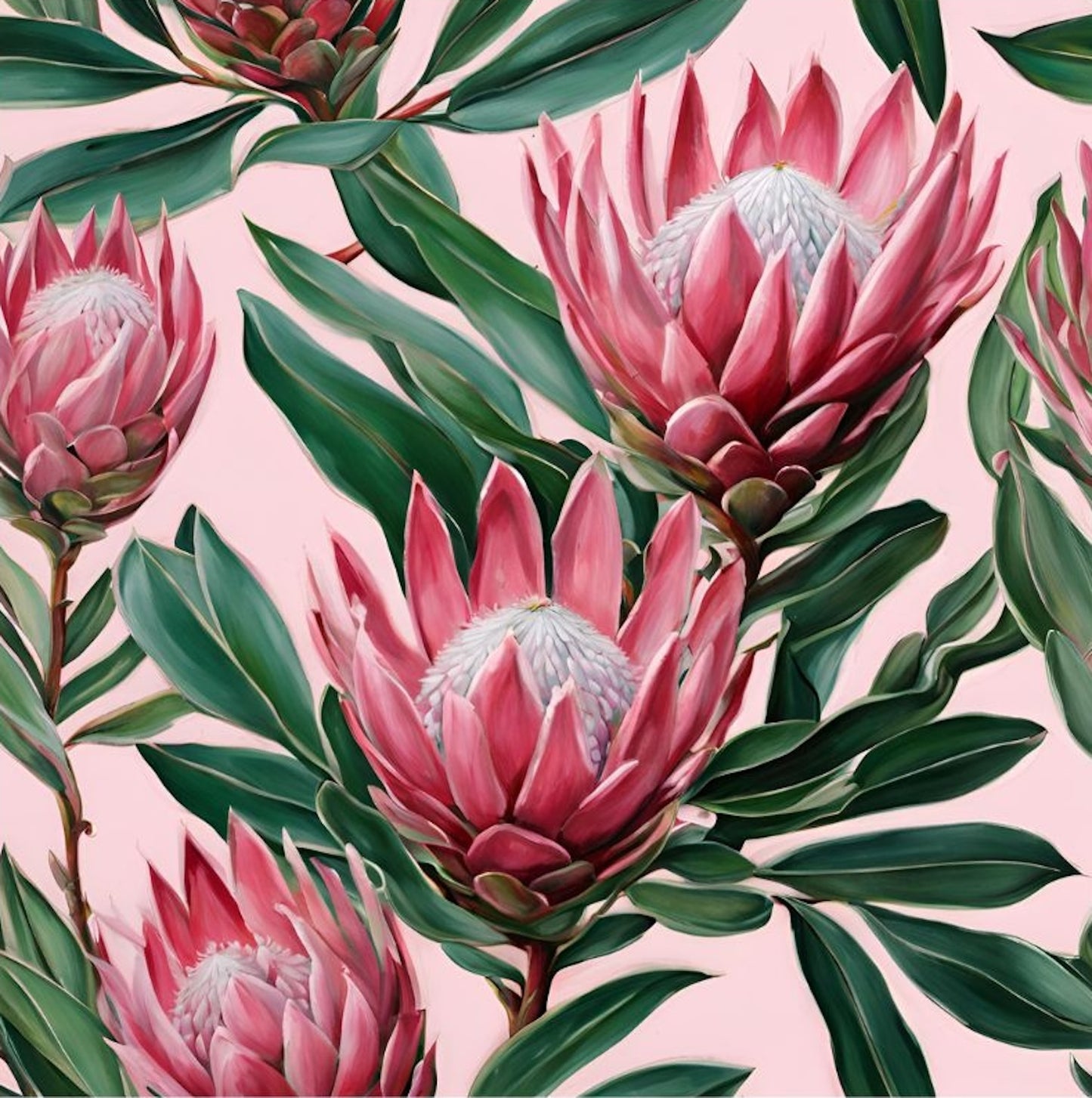 Pink Proteas With Green Leaves- Floral Art Giclée Print.