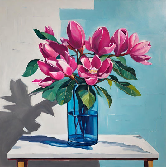 Painting of pink flowers in a blue vase on a white surface with a blue background
