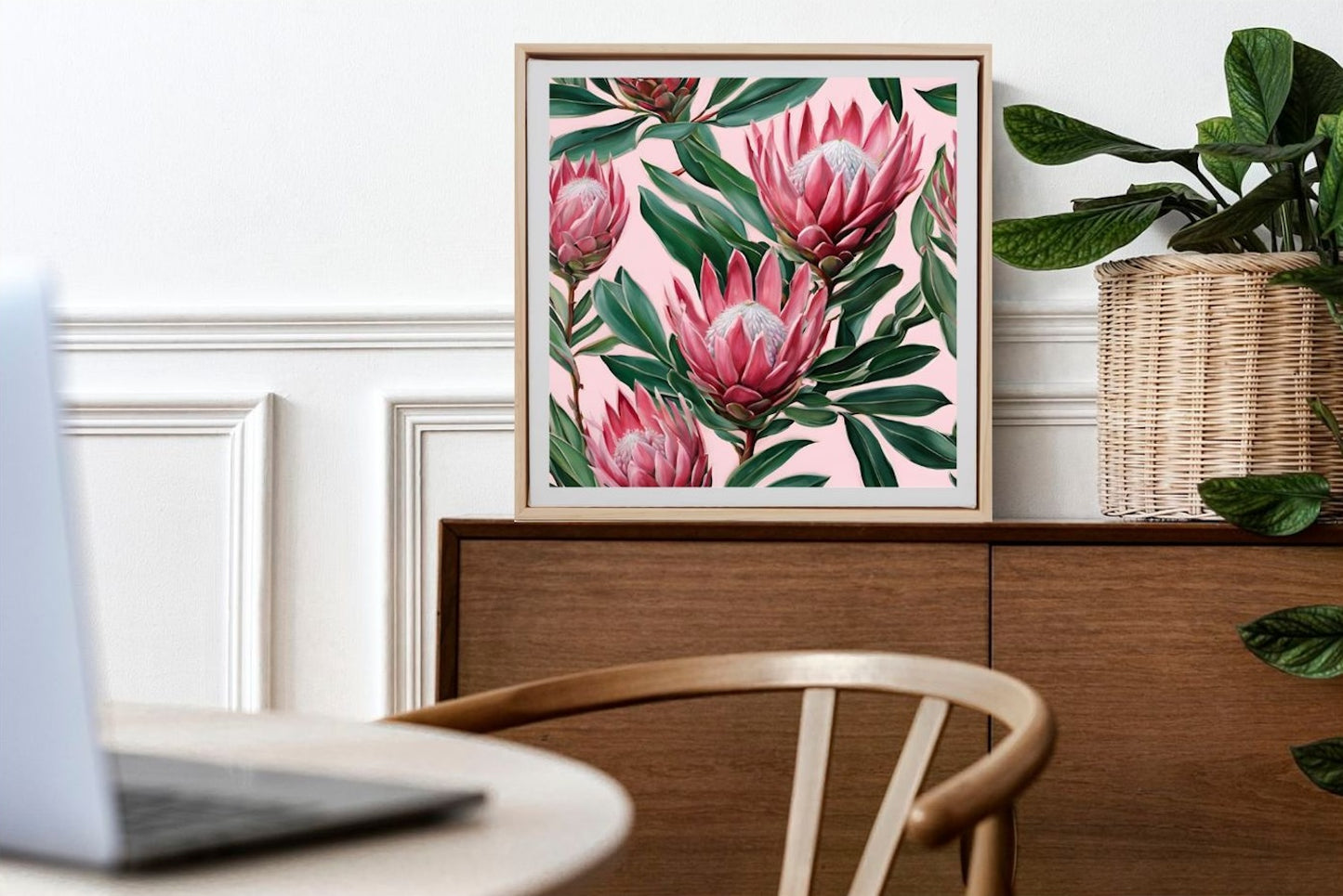 Pink Proteas With Green Leaves- Floral Art Giclée Print.