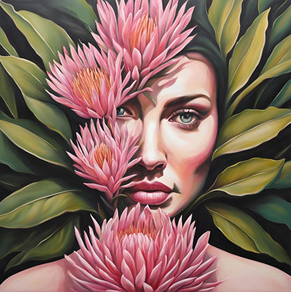 beautiful portrait art print of a young woman with proteas flowers and green leaves  .