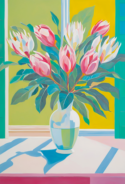 A vibrant painting of pink proteas flowers arranged in a vase