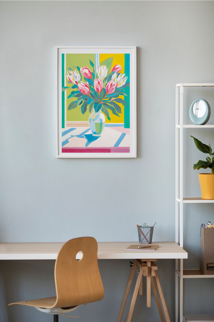 Pink proteas in vase colourful Giclée Art Print