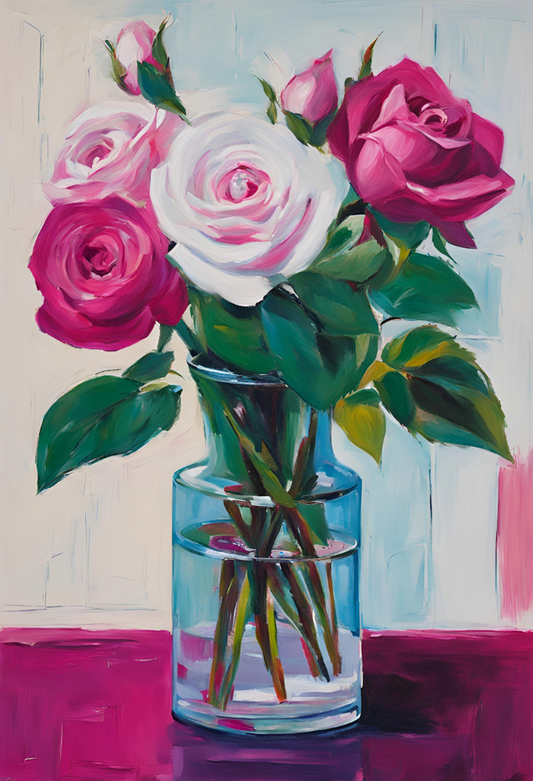 Pink And Magenta Roses In Vase-Floral Art-Still Life- Original Giclée Art Print.