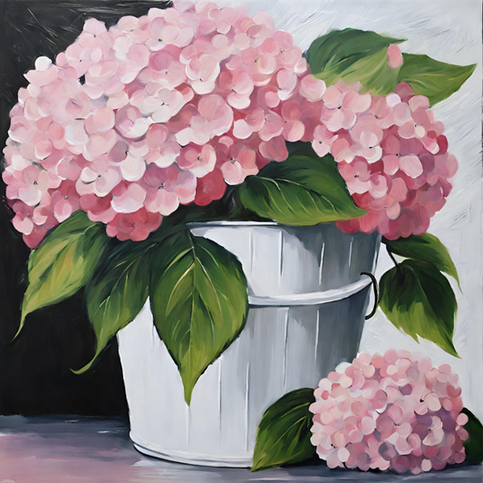 Painting of pink hydrangeas in metal white bucket with green leaves on a white background