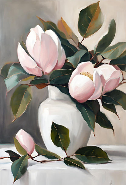 light pink magnolia flowers  in white vase with green and brown leaves on a table art print 