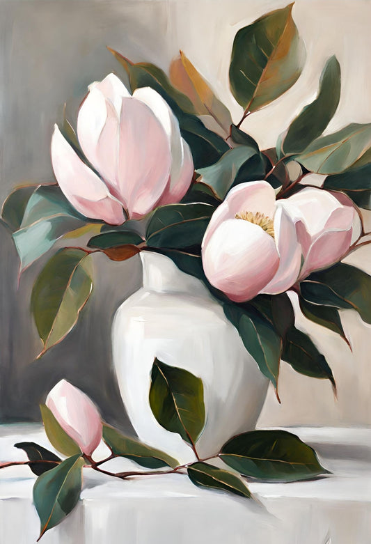 Pink Magnolia Flowers In White Vase- Original -Floral- Giclée Art Print.