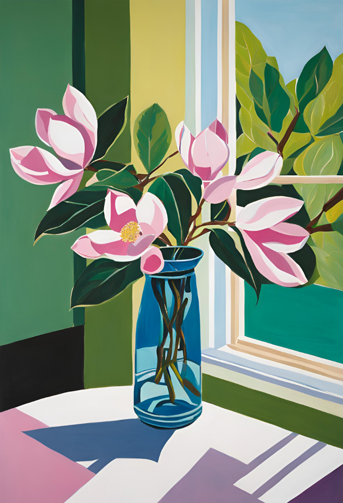 Pink Magnolias In Blue Glass Vase-Original Floral Still Life- Giclée Art Print.