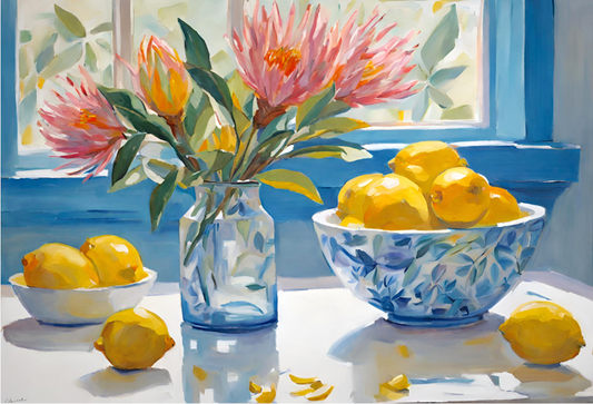 Lemons And Proteas-Colourful Original-Floral Art-Still Life-Giclée Art Print.