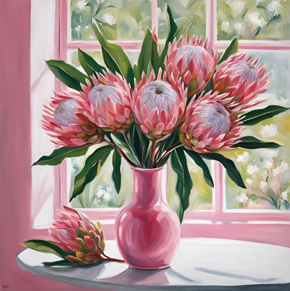 A vibrant painting of pink proteas arranged in a decorative pink vase on a white table near a window