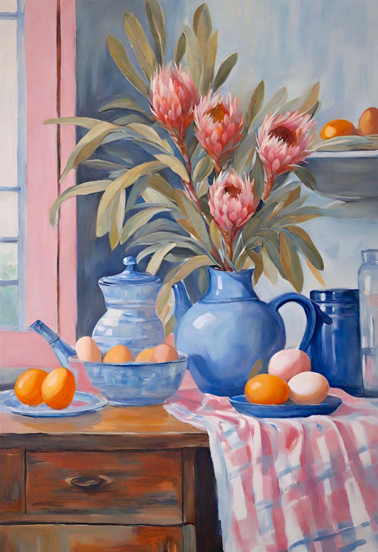 Still life painting with blue teapots, pink flowers, and fruits on a table.