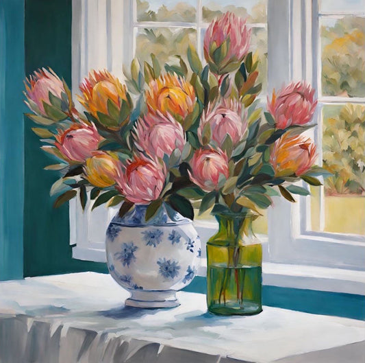 pink and orange proteas flowers in white and blue vase on table art print.