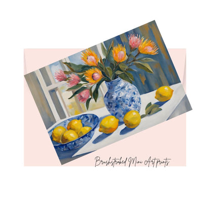 pink and orange proteas in blue vase and lemons on table near window mini art print