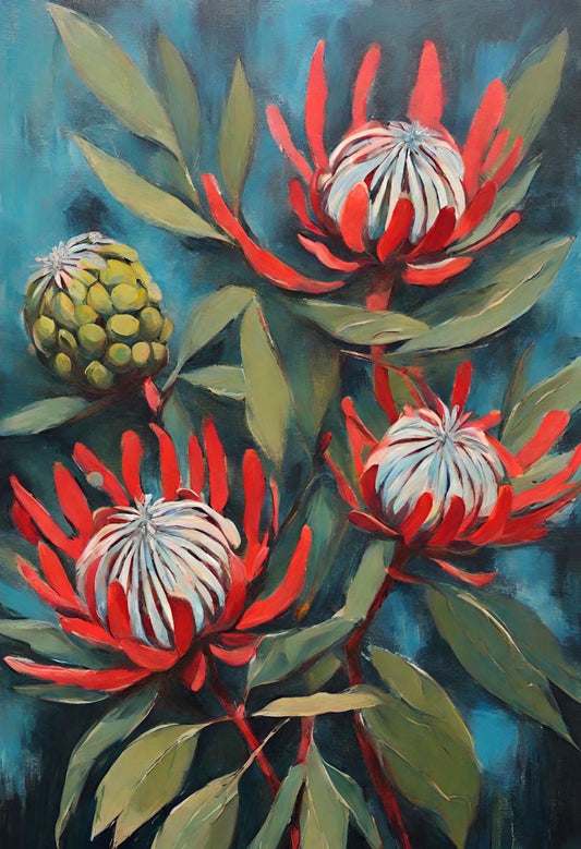 red proteas and green leaves art print in blue background