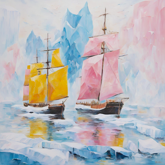 Sailing Ships On Frozen Sea- Colourful Original Giclée Art Print..