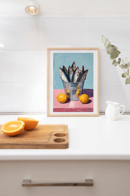 Sardines in Tin Bucket & Lemons Giclée Art Print | Bold Still Life Wall Art