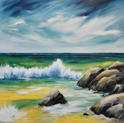 seascape-rocks-waves-blue-green-yellow-art print
