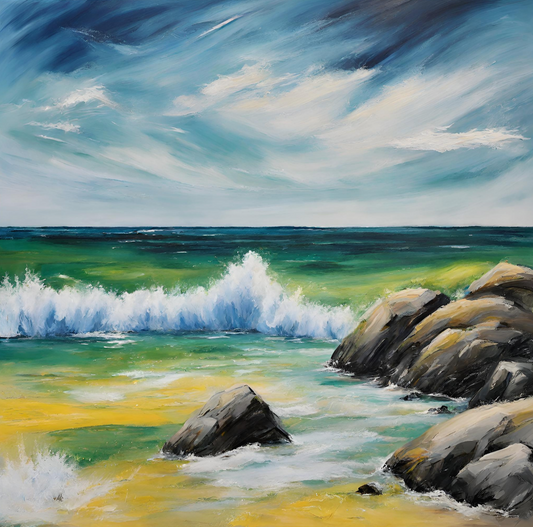 Beach Rocks And Waves Blue Skies - Seascape-Original Giclée Art Print.